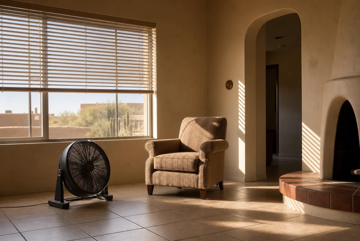 A living room with a floor fan running on a hot afternoon